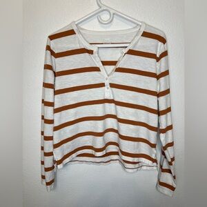 Aerie Striped Long-Sleeve Henley Top - White & Brown
